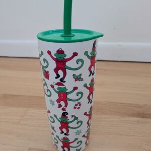 Roller Rabbit Festive Monkey Tumbler with Straw - Green and Red